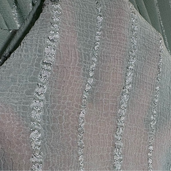 Smocked semi sheer crop top women’s L puffed sleeve ruffle ribbon feminine green - Picture 5 of 9